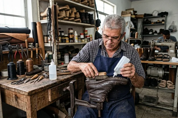 Sapateiro aplicando impermeabilizante em um sapato.
