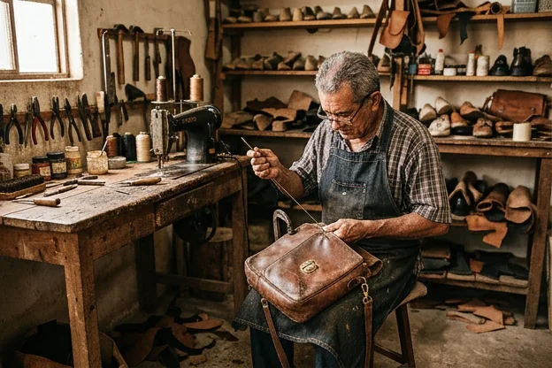 Sapateiro em processo de reforma de uma bolsa de couro.