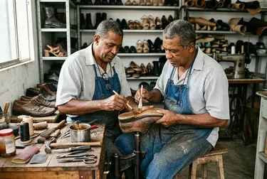 Sapateiro colando a sola de um sapato.