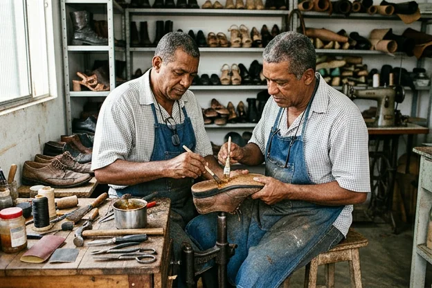 Sapateiro colando a sola de um sapato.