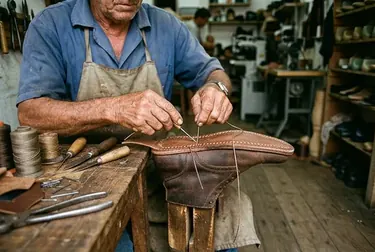 Sapateiro costurando um par de calçados.