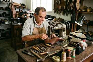 Sapateiro trabalhando na reforma de um sapato social.