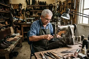 Sapateiro reparando o zíper de uma bota.