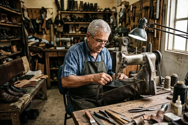 Sapateiro reparando o zíper de uma bota.