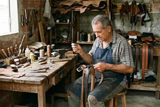 Sapateiro reparando um cinto de couro.