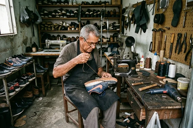 Sapateiro reparando um tênis.
